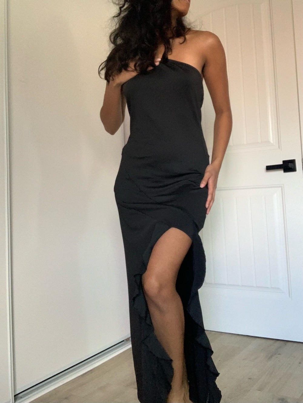 Black Ruffle Side-Slit Slip Dress - Picture 2 of 6